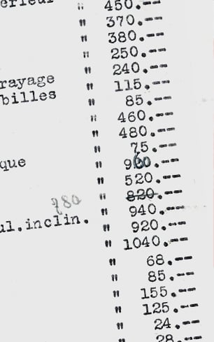 Preisliste von anno dazumal, fein säuberlich auf der Schreibmaschine getippt.